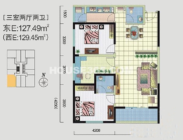 数字生活E户型3室2厅2卫1厨 127.49㎡