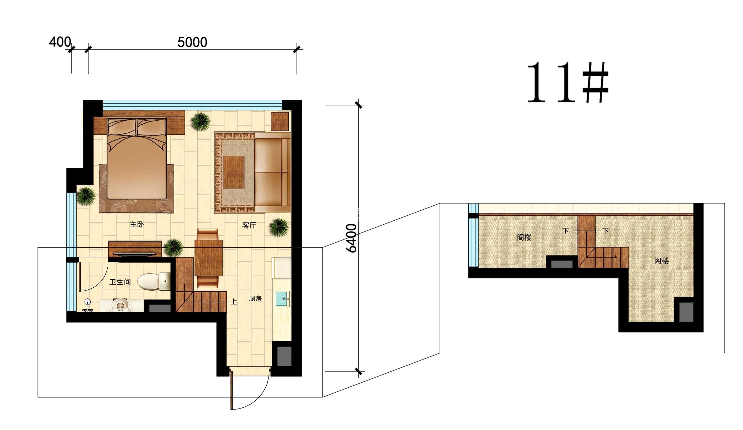 国瑞中心11#户型，42㎡，1室1厅1厨1卫带阁楼